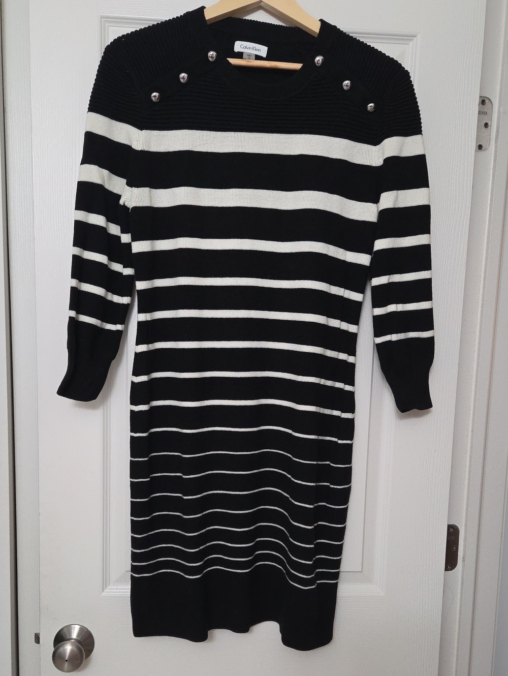 Calvin Klein Black and White Striped Midi Dress with Shoulder Buttons